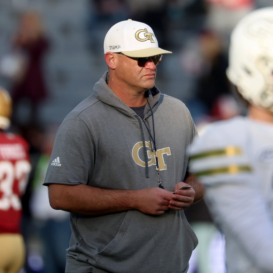 Georgia Tech coach Brent Key — pictured during warm-ups before the game against Boston College on Saturday, Nov. 15, 2025 — said he told the team, particularly the defense, to "pull it together" after two straight subpar performances. (Mark Stockwell/AP)