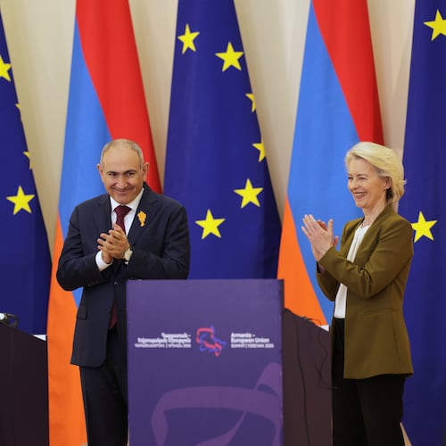 From left, European Council President Antonio Costa, Armenia's Prime Minister Nikol Pashinyan and European Commission President Ursula von der Leyen at the conclusion of a media conference during the EU-Armenia summit at the Presidential Palace in Yerevan, Armenia, Tuesday, May 5, 2026. (AP Photo/Anthony Pizzoferrato)