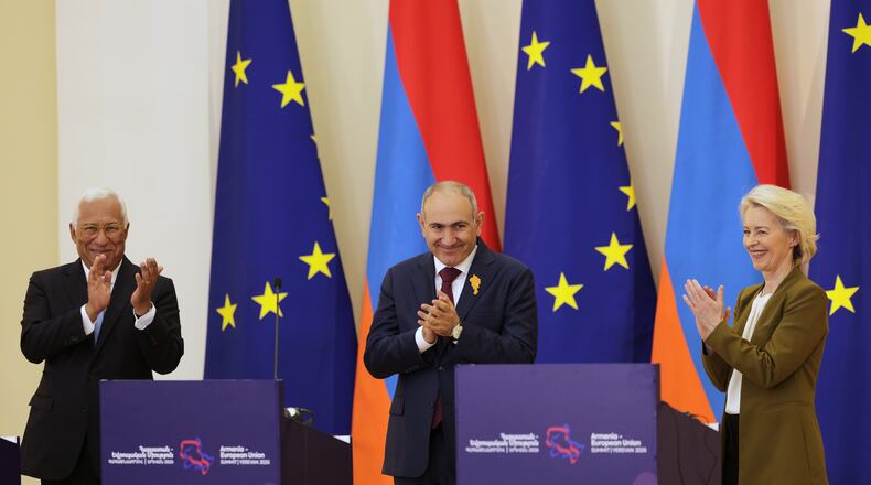 From left, European Council President Antonio Costa, Armenia's Prime Minister Nikol Pashinyan and European Commission President Ursula von der Leyen at the conclusion of a media conference during the EU-Armenia summit at the Presidential Palace in Yerevan, Armenia, Tuesday, May 5, 2026. (AP Photo/Anthony Pizzoferrato)