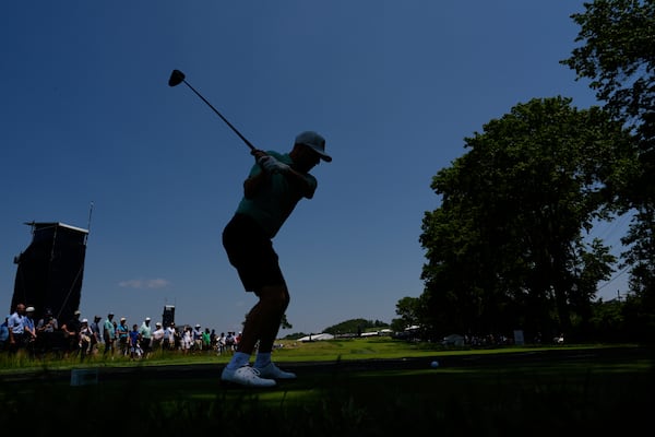 Alistair Docherty tees off on the second hole during a practice round ahead of the U.S. Open golf tournament at Oakmont Country Club Wednesday, June 11, 2025, in Oakmont, Pa. (AP Photo/Charlie Riedel)