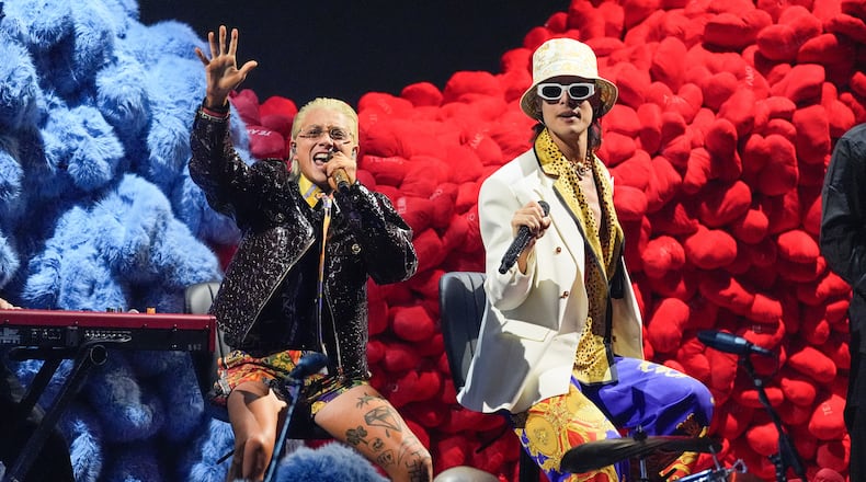 FILE - Paco Amoroso, left, and Ca7riel perform during the 2025 Latin Grammys in Las Vegas on Nov. 13, 2025. (AP Photo/Chris Pizzello, File)