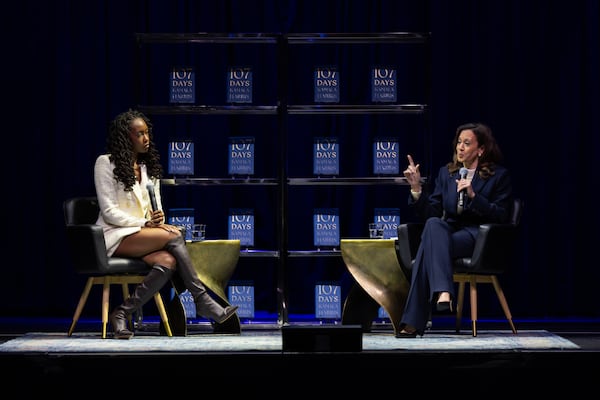 Former Vice President Kamala Harris (right) speaks with moderator Lynae Vanee during a tour for her new book “107 Days” at the Tabernacle in Atlanta on Wednesday, Oct. 8, 2025. The book is a political memoir about Harris’ 2024 presidential campaign. (Arvin Temkar/AJC)
