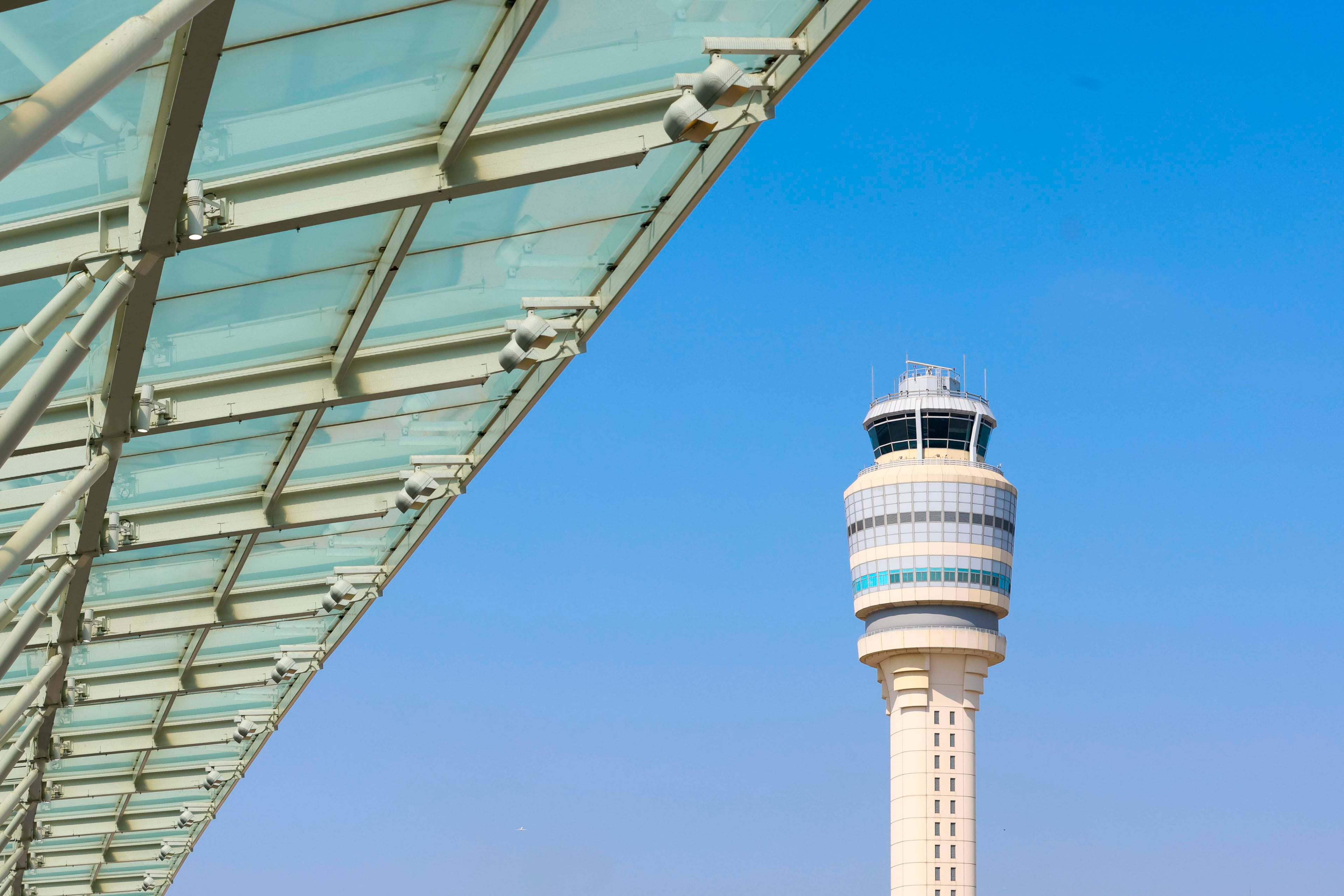 The control tower is seen on the runway at the Hartsfield-Jackson Atlanta International Airport on Wednesday, Sept. 17, 2025.
(Miguel Martinez/AJC)