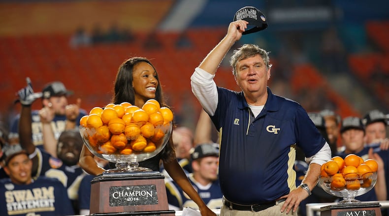 Paul Johnson celebrates Georgia Tech's Orange Bowl victory to close the 2014 season. Not bad considering the media picked him to finish fifth in his conference that season. (Chris Trotman/Getty Images)