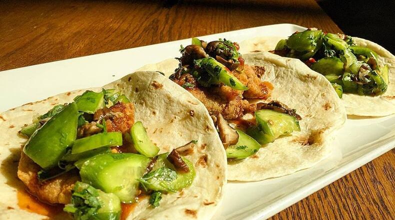 Masa fried venison sweetbread tacos with sour orange pickled cucumbers, pickled shiitake mushrooms and chile Morita gastrique at Alma Cocina. Photo credit: Fifth Group Restaurants.