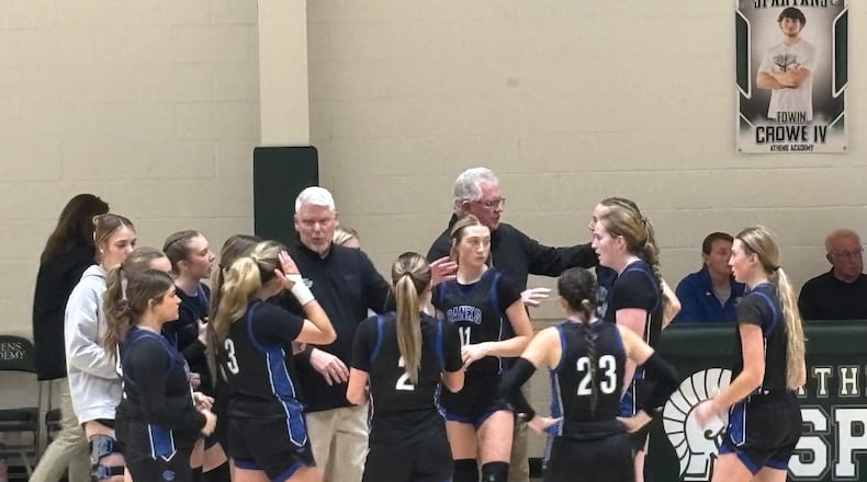 The Banks County girls basketball team huddles up during a timeout in the 52-33 win at Athens Academy on Feb. 4, 2025.