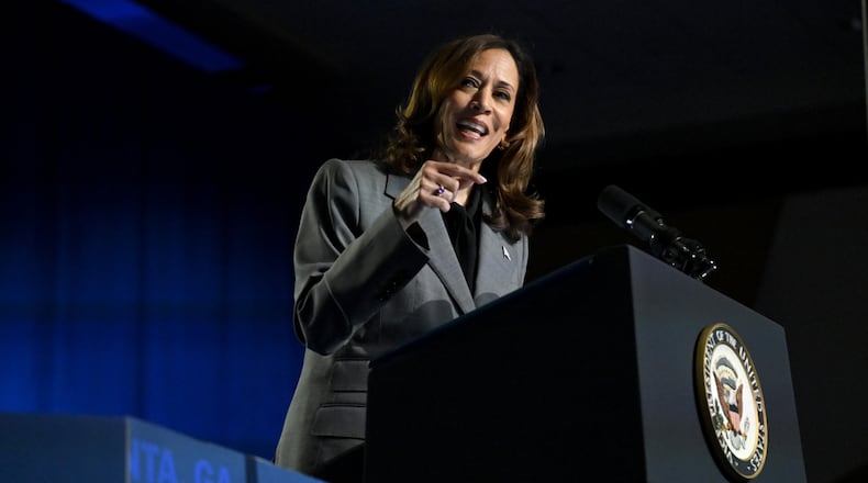 Vice President Kamala Harris speaks during a campaign stop at the Cobb Energy Performing Arts Centre, Friday, September 20, 2024, in Atlanta. The vice president and Democratic presidential nominee is headed back to Georgia with a rally planned in Atlanta Saturday, Oct. 19. (Hyosub Shin / AJC)