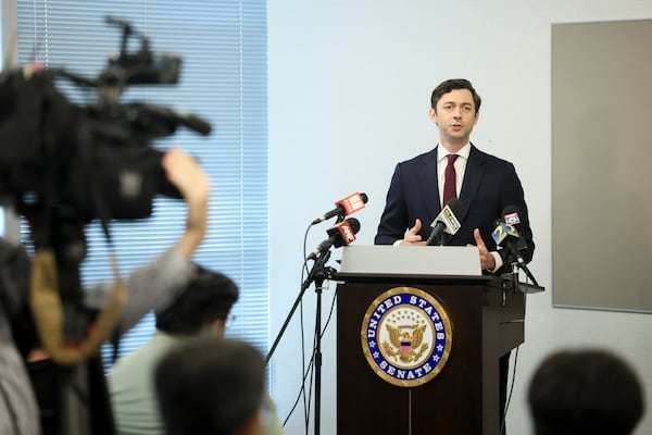 Senator Jon Ossoff speaks to members of the media, Monday, May 19, 2025, in Atlanta. Sen. Ossoff hosted an oversight session in Atlanta alongside Georgia renters and an expert as part of Ossoff’s ongoing investigation. (Jason Getz / AJC)