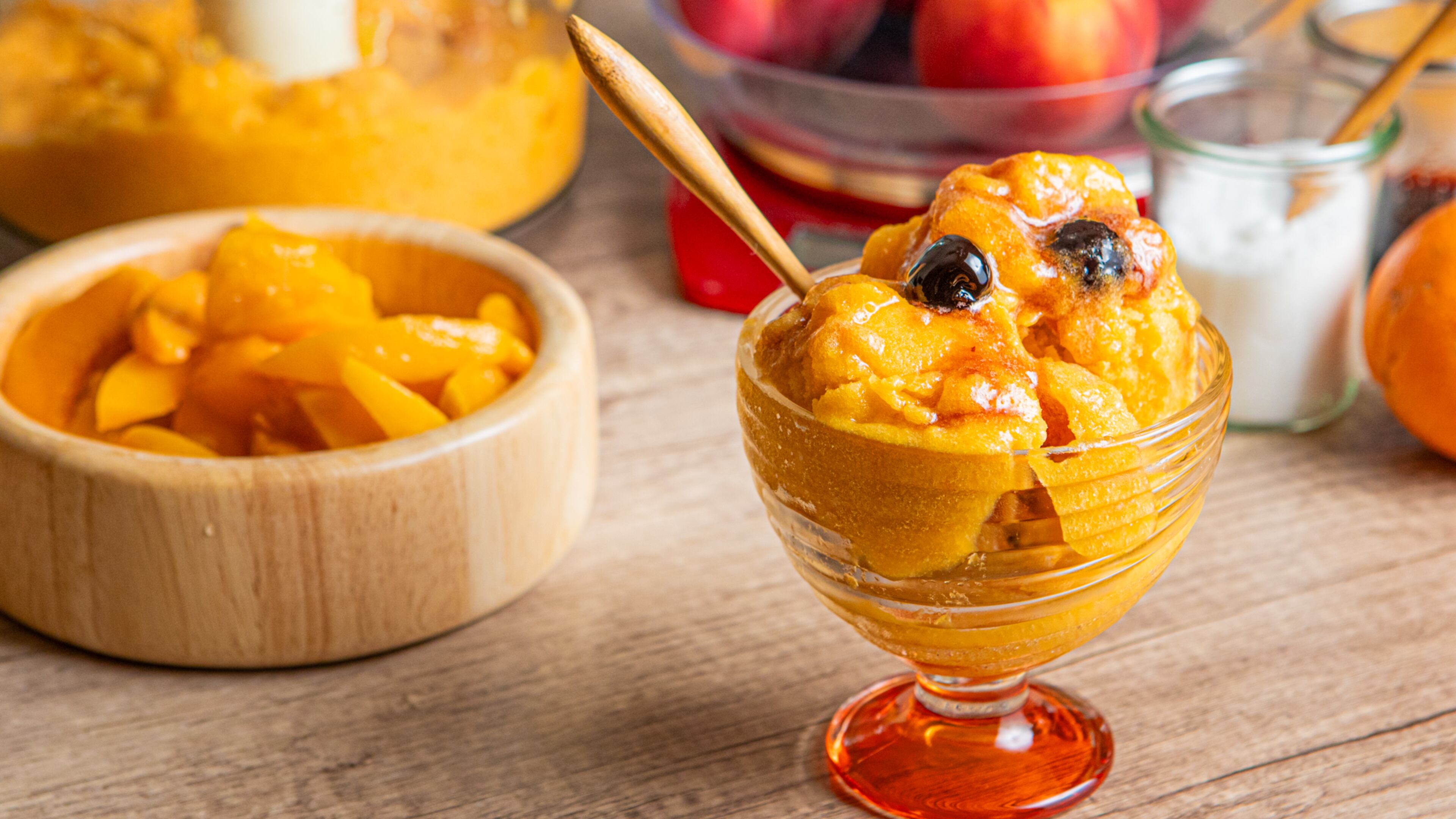 This Peach & Bourbon Sorbet gets its Southern cocktail flavor from bourbon vanilla extract and maraschino cherries. See recipe in our story. (Aaliyah Man for The Atlanta Journal-Constitution/Food styling by Jennifer Hill Booker)