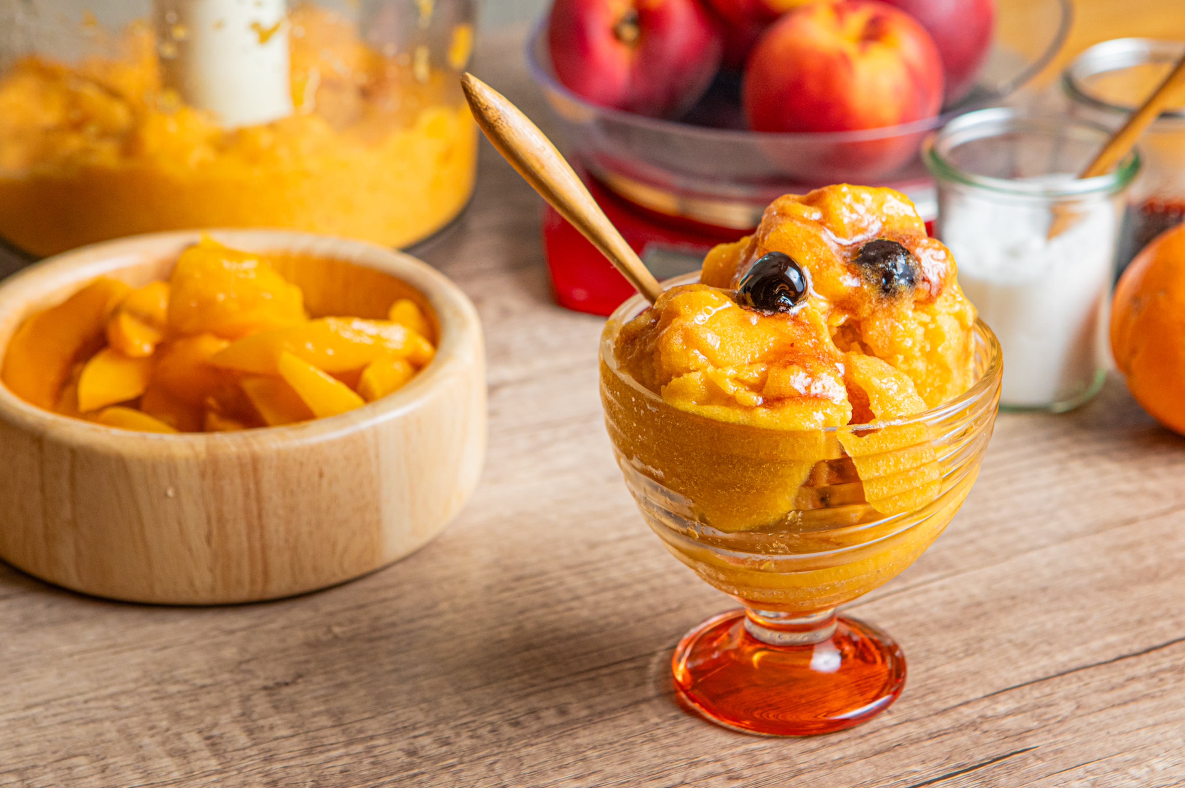 061525 peach sorbet- peach and bourbon sorbet with ingredients