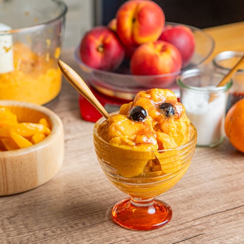 This Peach & Bourbon Sorbet gets its Southern cocktail flavor from bourbon vanilla extract and maraschino cherries. See recipe in our story. (Aaliyah Man for The Atlanta Journal-Constitution/Food styling by Jennifer Hill Booker)