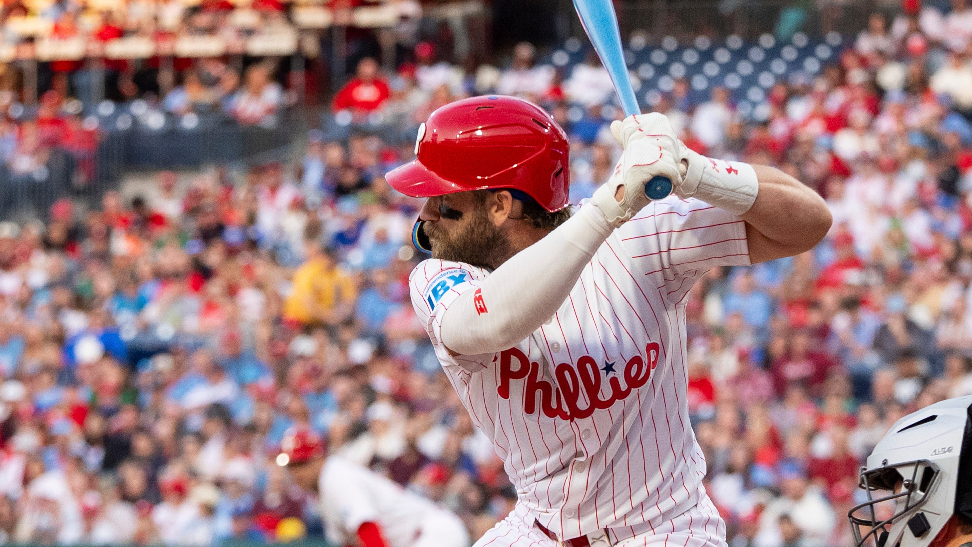 FILE - Philadelphia Phillies' Bryce Harper takes an at-bat during the first inning of a baseball game against the San Francisco Giants, April 14, 2025, in Philadelphia. (AP Photo/Chris Szagola, File)