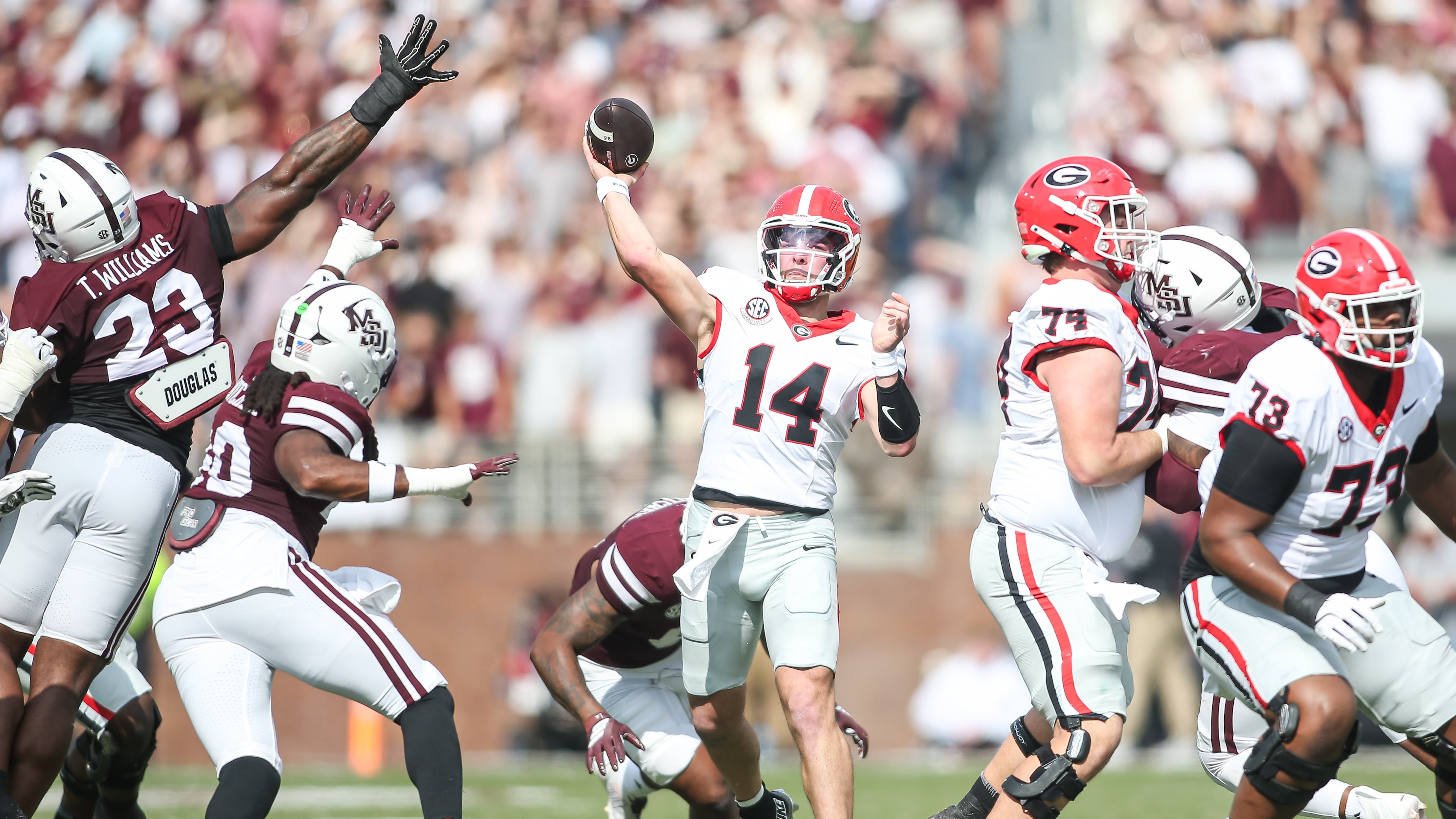 Georgia quarterback Gunner Stockton (14) throws a pass against Mississippi State during the first half of an NCAA college football game in Starkville, Miss., Saturday, Nov. 8, 2025. (AP Photo/James Pugh)
