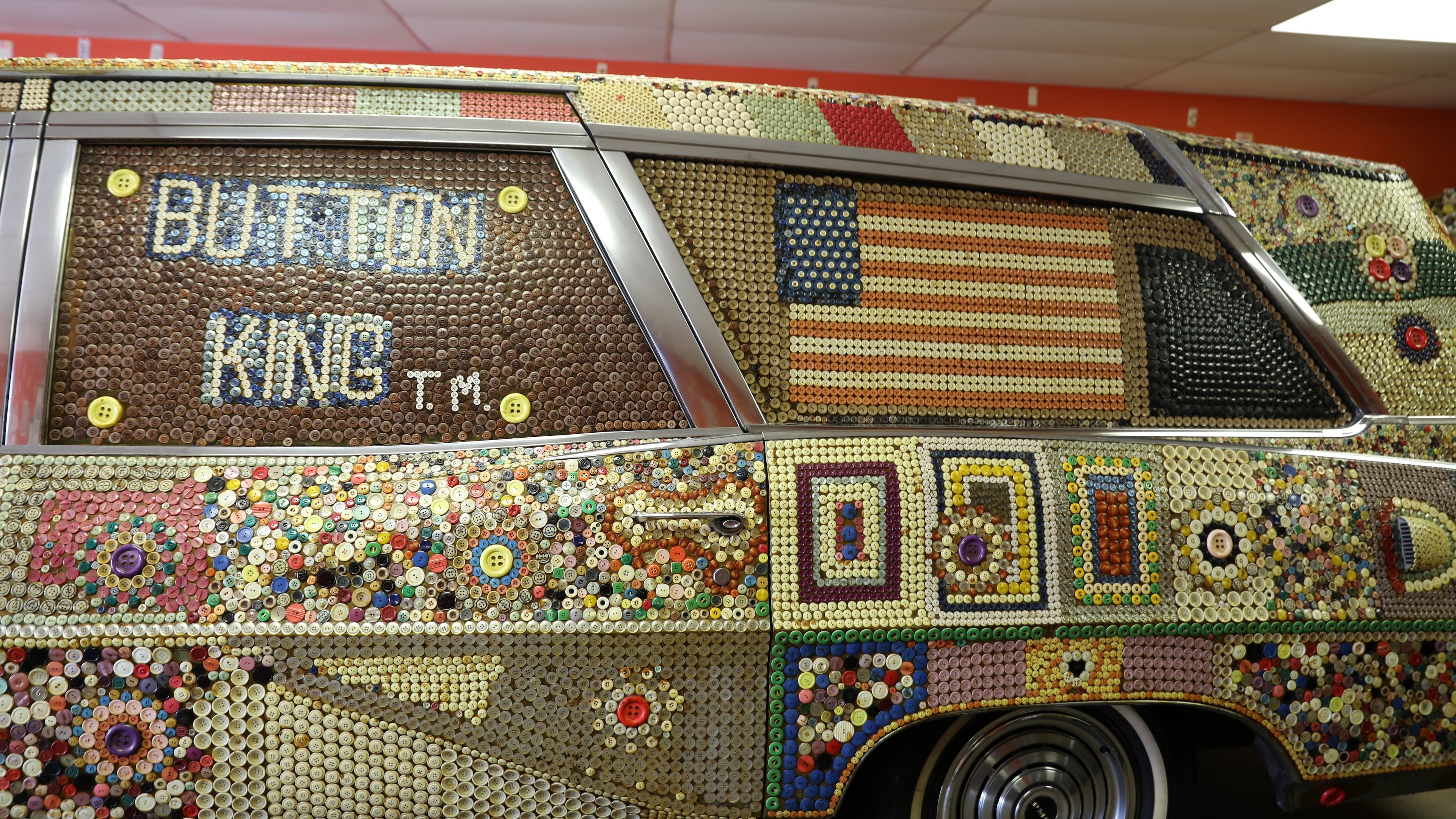 Dalton Stevens' button hearse is displayed in his museum in Bishopville, S.C., on Tuesday, Sept. 9, 2025. (AP Photo/Jeffrey Collins)
