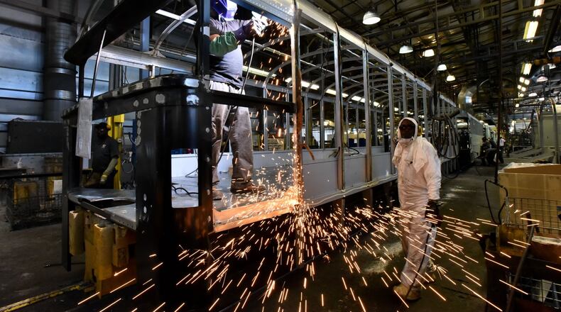 December 1, 2016 Fort Valley - A welder at Blue Bird Corp. “stick builds” the frame of a school bus, one part at a time. The company has added 500 employees this year, and considers its flexible custom-manufacturing one of its competitive advantages, . HYOSUB SHIN / HSHIN@AJC.COM