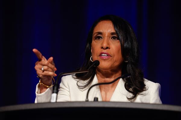 Nominee for Secretary of State Penny Brown Reynolds speaks at the Democratic Party of Georgia state convention in Savannah, Ga. on Aug. 1, 2026. (Arvin Temkar/AJC)