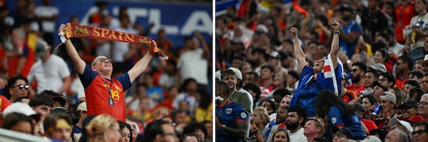 A Spain fan (left) and a Cape Verde fan cheer at the Spain vs. Cape Verde match at Atlanta Stadium on Monday, June 15, 2026, in Atlanta. (Jason Getz/AJC; Hyosub Shin/AJC)