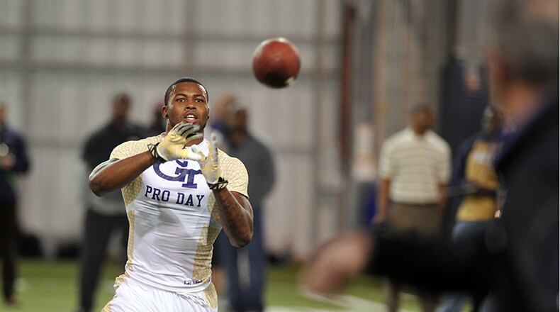 March 31, 2014 Atlanta: Georgia Tech linebacker Brandon Watts catches a pass during a drill in front of NFL scouts at Pro Day Friday March 28, 2014. BRANT SANDERLIN /BSANDERLIN@AJC.COM Tech linebacker Brandon Watts took part in Pro Day. (Brant Sanderlin / AJC)
