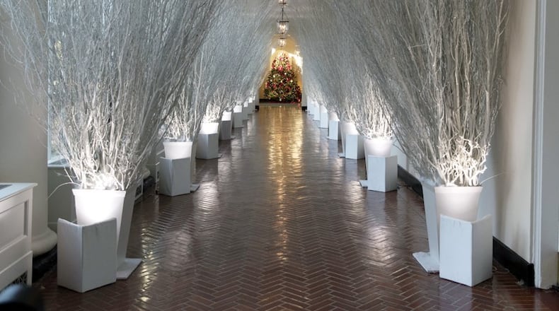 The East Colonnade of the White House, decorated for Christmas.