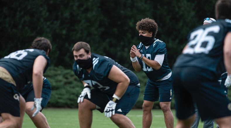 Georgia Tech quarterback Jordan Yates readies to take a snap in a summer training session July 22, 2020.