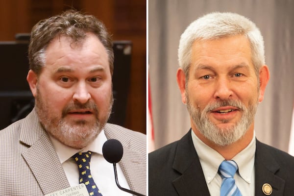 Rep. Kasey Carpenter (left), R-Dalton, sponsored a bill to shield carpet companies from legal liability around PFAS. State Sen. Chuck Payne, R-Dalton, co-sponsored a separate bill to require Georgia’s environmental agency and the state's attorney general to handle PFAS lawsuits brought by municipalities. Both bills failed to pass in the recent legislative session. (Left: Arvin Temkar/AJC; right: courtesy) 