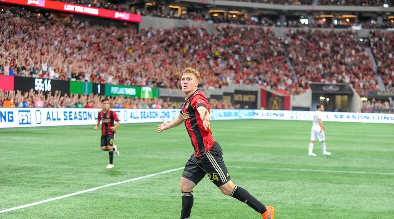 Atlanta United's Julian Gressel enjoys his goal against Portland in June. He'll be given another chance to score against the Timbers in Saturday's MLS Championship Game.