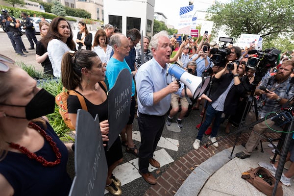 Sen. Chris Van Hollen, D-Md., speaks during a rally outside the headquarters of the State Department, in Washington, Friday, July 11, 2025. (AP Photo/Manuel Balce Ceneta)