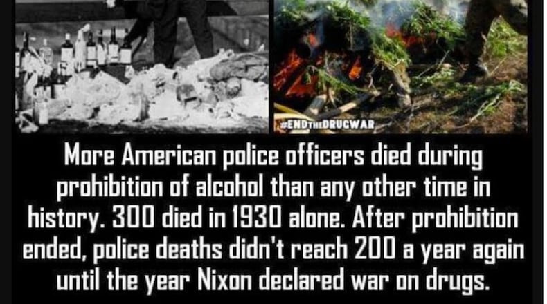 This screenshot shows the viral image comparing the number of police officer deaths during Prohibition and the war on drugs.