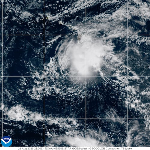 This satellite image provided by NOAA shows Tropical Storm Moke at 5 p.m. ET on Sunday, Aug. 23, 2026, near Hawaii. (NOAA via AP)