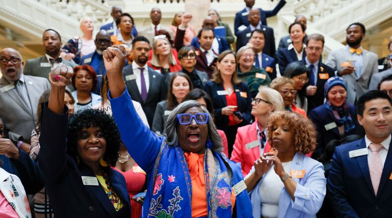 Democratic members of the Georgia House of Representatives held a protest on the north steps of the Georgia State Capitol after walking out of the House Chamber on April 2, 2025. (Miguel Martinez/AJC)