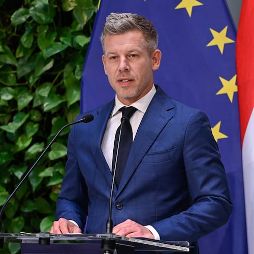 Hungarian Prime Minister Peter Magyar speaks during a press conference following the meeting of the government in Budapest, Hungary, Monday, May 18, 2026. (Robert Hegedus/MTI via AP)