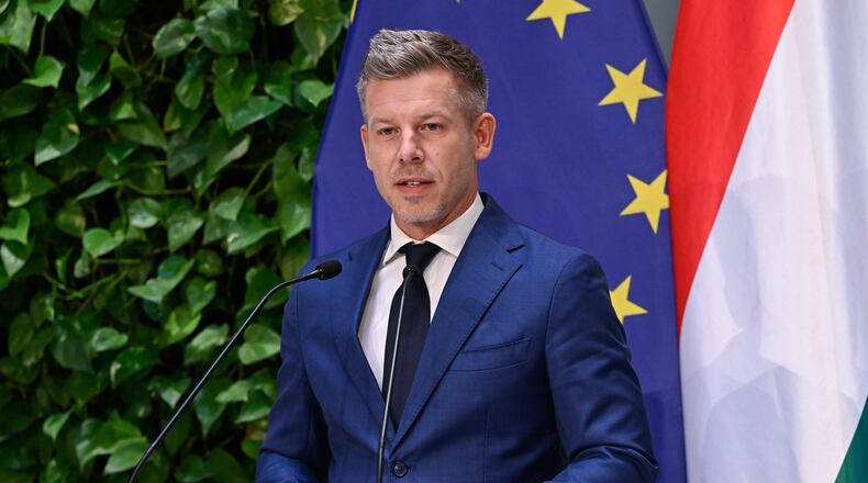 Hungarian Prime Minister Peter Magyar speaks during a press conference following the meeting of the government in Budapest, Hungary, Monday, May 18, 2026. (Robert Hegedus/MTI via AP)