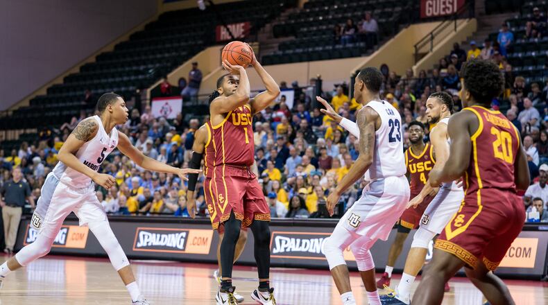 Kyle Sturdivant takes a jump shot for USC against Marquette on Friday, November 29, 2019 at the Orlando Invitational at the ESPN Wide World of Sports in Orlando, FL. (Mary Holt/USC)