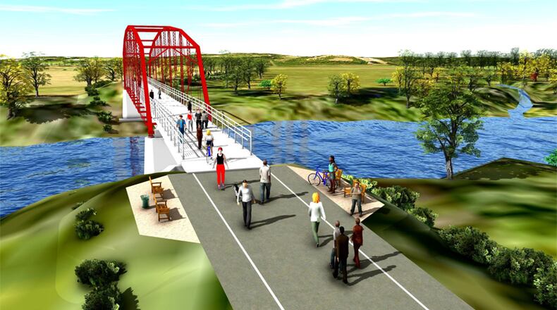 Artist’s drawing depicts a restored Rogers Bridge over the Chattahoochee River, connecting Johns Creek and Duluth. Johns Creek has agreed to accept an additional $160,000 and match it with $10,000 in city funds for the engineering phase of the project. CITY OF JOHNS CREEK