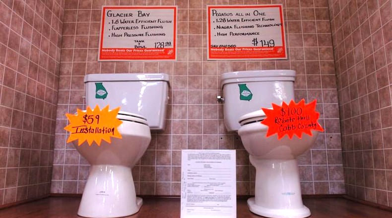 Replacing an inefficient toilet with a water-conserving model, such as the one on the right, can produce a rebate credit on one’s water bill of up to $100 for a qualified homeowner in Woodstock. AJC FILE