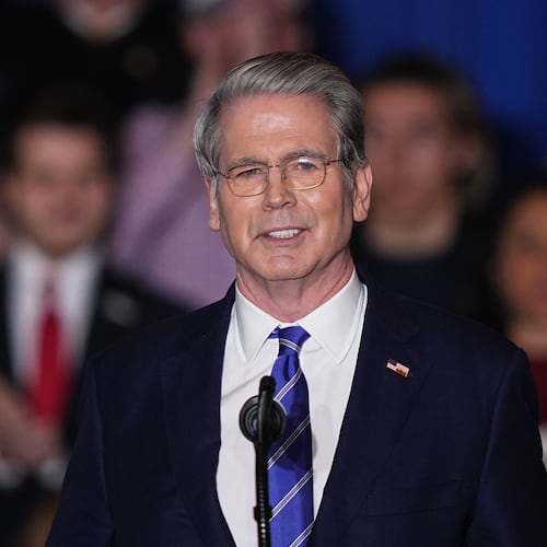 U.S. Department of the Treasury Scott Bessent speaks before President Donald Trump arrives at the Mount Airy Casino Resort in Mount Pocono, Pa., Tuesday, Dec. 9, 2025. (AP Photo/Matt Rourke)