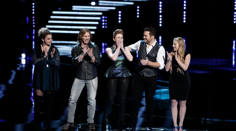 THE VOICE -- "Live Show" Episode 713C -- Pictured: (l-r) Taylor Brashears, Craig Wayne Boyd, Reagan James, James David Carter, Jessie Pitts -- (Photo by: Tyler Golden/NBC) THE VOICE -- "Live Show" Episode 713C -- Pictured: (l-r) Taylor Brashears, Craig Wayne Boyd, Reagan James, James David Carter, Jessie Pitts -- (Photo by: Tyler Golden/NBC)