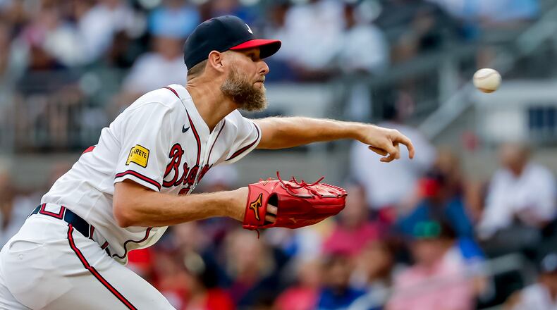Atlanta Braves pitcher Chris Sale delivers to a Los Angeles Dodgers batter during the first inning of a baseball game, Thursday, Aug. 27, 2026, in Atlanta. (AP Photo/Erik S. Lesser)