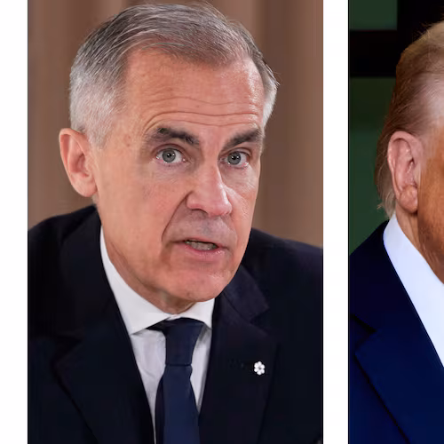 This combination of images shows Canada's Prime Minister Mark Carney on June 16, 2025, in Kananaskis, Canada, left, and President Donald Trump on Oct. 7, 2025, in Washington. (AP Photo/Mark Schiefelbein, left, Jacquelyn Martin)