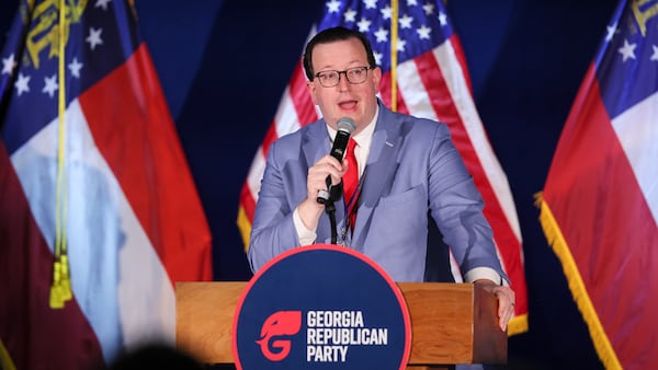 Georgia GOP chairman Josh McKoon speaks during the Georgia GOP election night watch party at the Grand Hyatt Hotel Buckhead, Tuesday, November 5, 2024, in Atlanta. (Jason Getz / AJC)