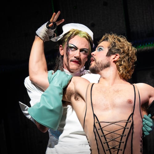 Luke Evans, left, and Josh Rivera appear during a performance of "Richard O'Brien's The Rocky Horror Picture Show" in New York on March 25, 2026. (Joan Marcus via AP)