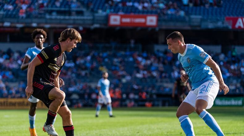 Atlanta United's Aiden McFadden dribbles during the match against New York City FC on Sunday at Yankee Stadium. (Photo by Dakota Williams/Atlanta United)