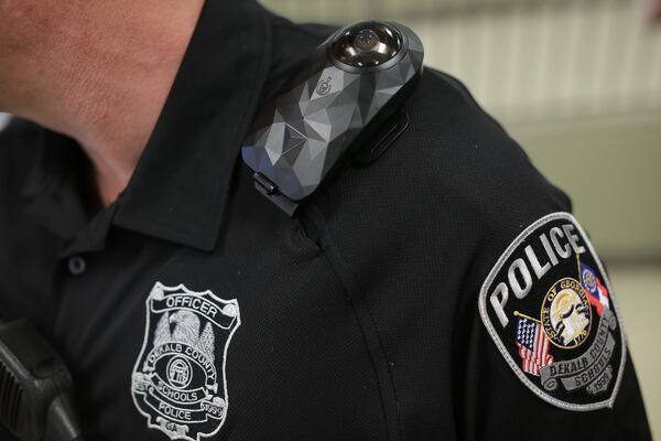 A 360-degree body camera is seen on the shoulder of school resource officer Johnny Burnette at Clarkston High School. ELIJAH NOUVELAGE/SPECIAL