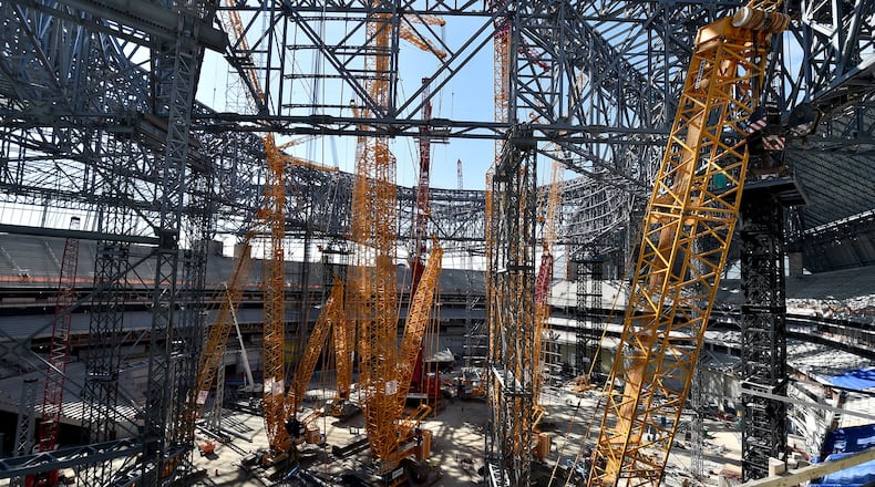 Construction continues on Mercedes-Benz Stadium, slated for completion before the start of the Falcons’ 2017 season. (BRANT SANDERLIN/BSANDERLIN@AJC.COM)