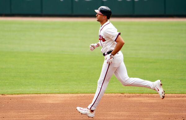 Atlanta Braves' Matt Olson (28) trots the bases on his two-run home run against the Minnesota Twins during the first inning of a baseball game Saturday, April 20, 2025, in Atlanta. (AP Photo/John David Mercer)