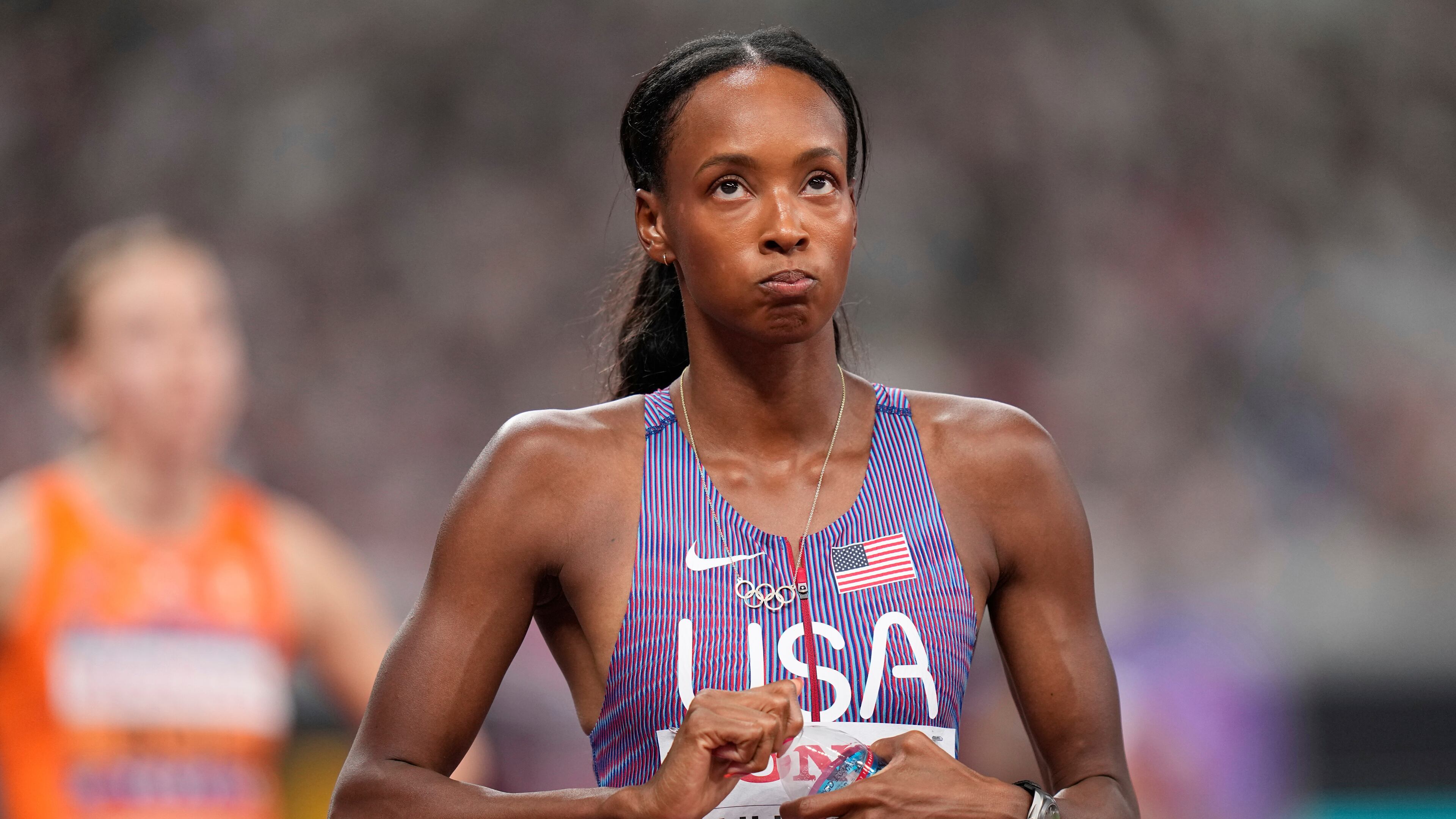 United States' Dalilah Muhammad prepares to compete in women's 400 meters hurdles semifinal at the World Athletics Championships in Tokyo, Wednesday, Sept. 17, 2025. (AP Photo/Eugene Hoshiko)