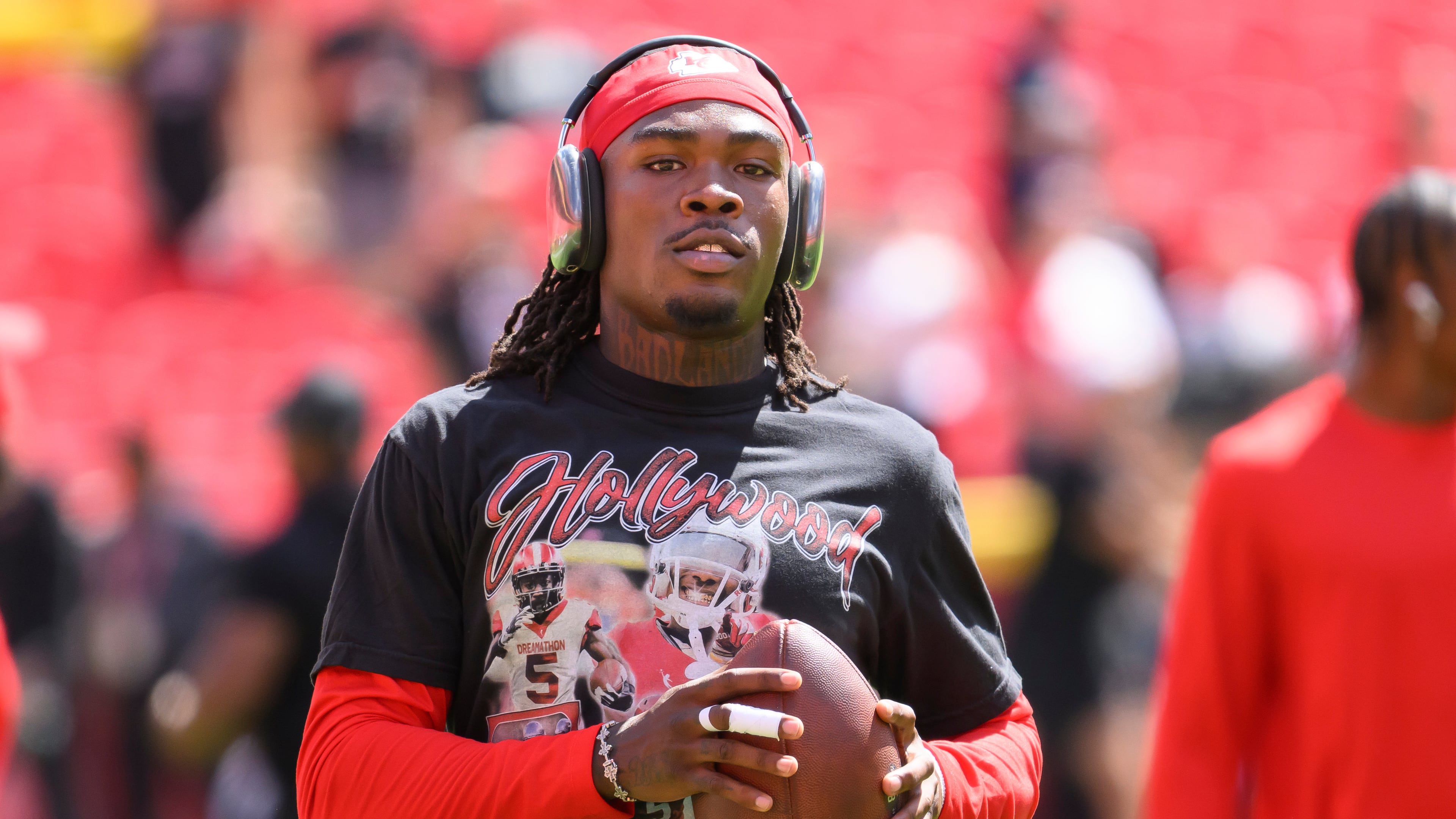FILE - Kansas City Chiefs wide receiver Rashee Rice warms up before an NFL football game against the Cincinnati Bengals, Sept. 15, 2024, in Kansas City, Mo. (AP Photo/Reed Hoffmann, File)