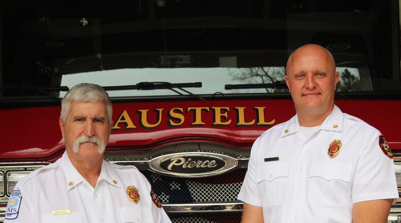 After 33 years with the Austell Fire Department, Austell Fire Chief Pat Maxwell (left) will retire on Dec. 31. Then on Jan. 1, the city’s Assistant Fire Chief Brandon Merritt (right) will become chief. (Courtesy of Austell)