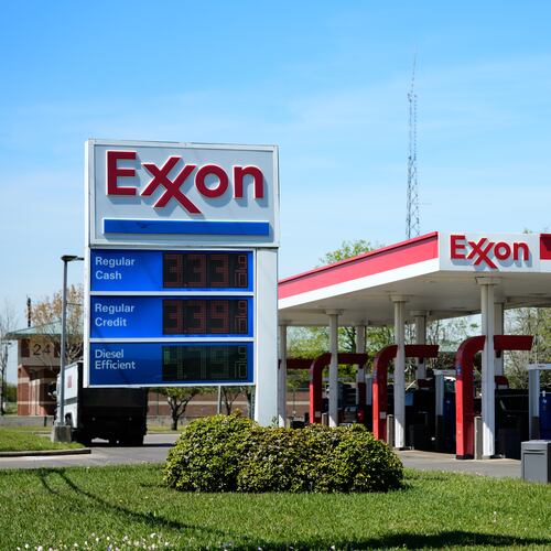 Prices are displayed on an Exxon gas station sign in Houston, Tuesday, March 17, 2026. (AP Photo/Ashley Landis)