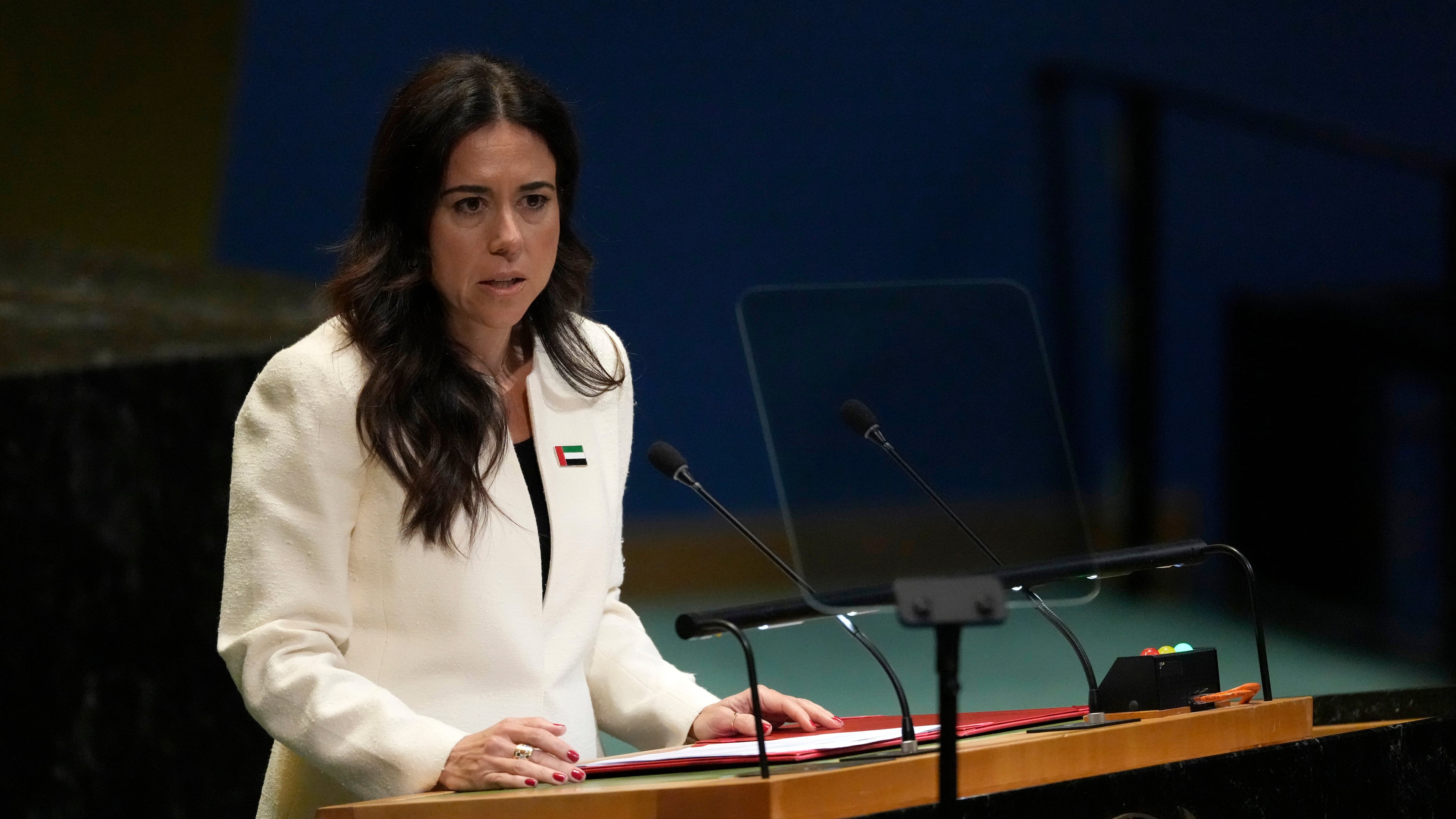 Minister for Foreign Affairs of the United Arab Emirates Lana Nusseibeh addresses the 80th session of the United Nations General Assembly, Saturday, Sept. 27, 2025, at U.N. headquarters. (AP Photo/Pamela Smith)